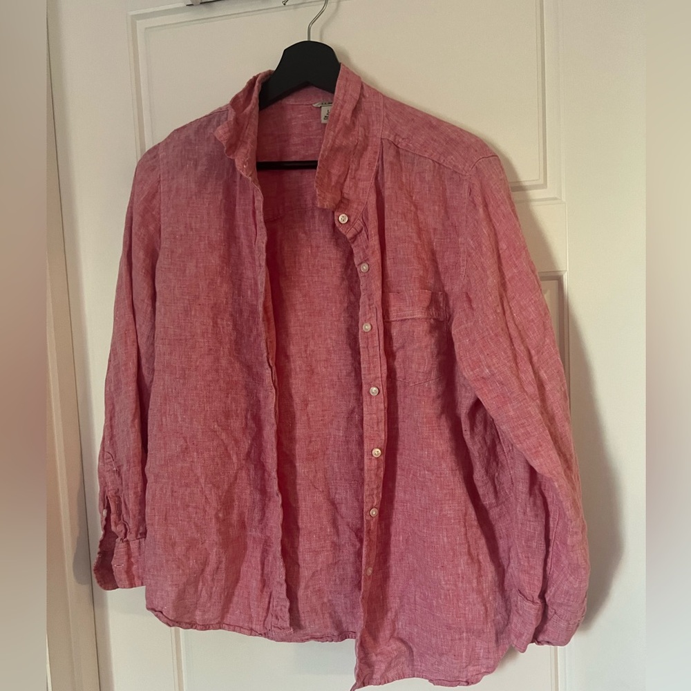 Womens Pink LL Bean Button Up Linen Shirt